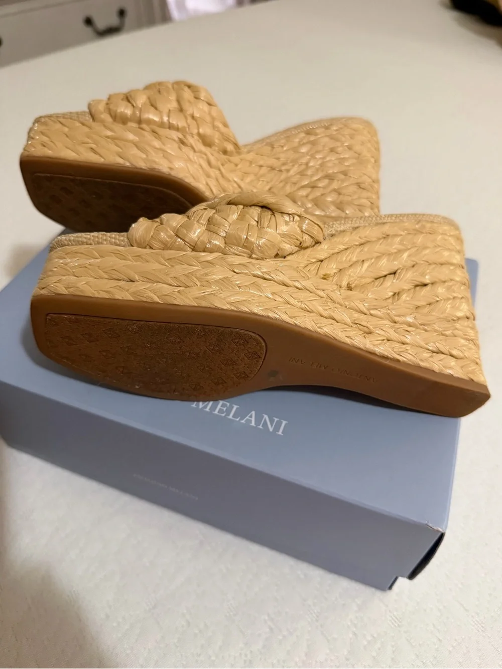 ANTONIO MELANI Like New Size 6 Natural Tan Braided Platform Slide Sandals